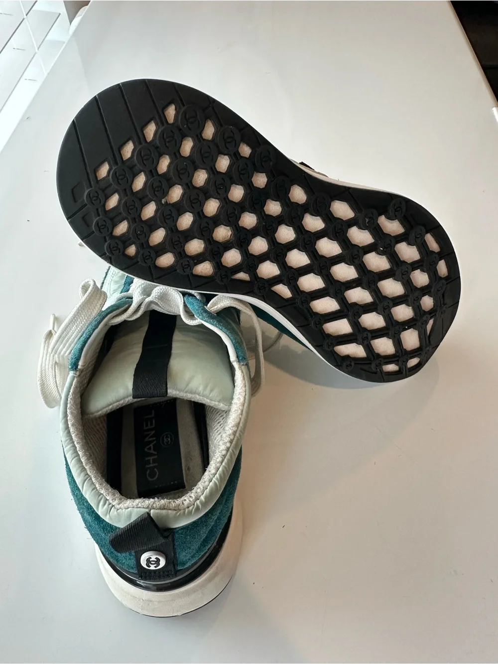 CHANEL womens Teal & Mint Suede Nylon Leather Logo Sneakers size 5